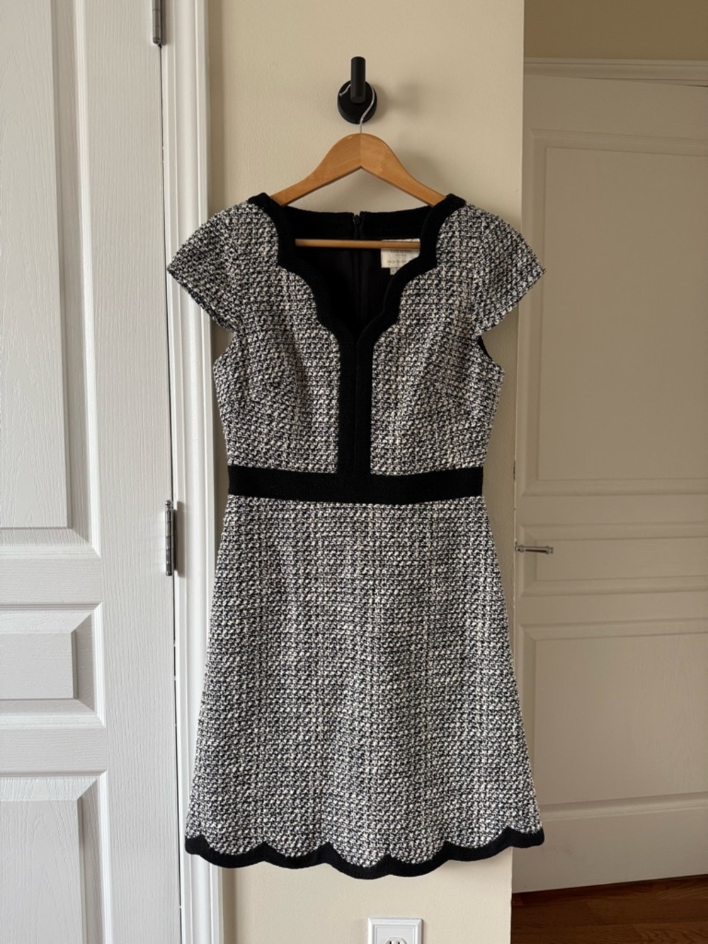 kate spade Black and White Tweed Scalloped Fit-and-Flare Dress